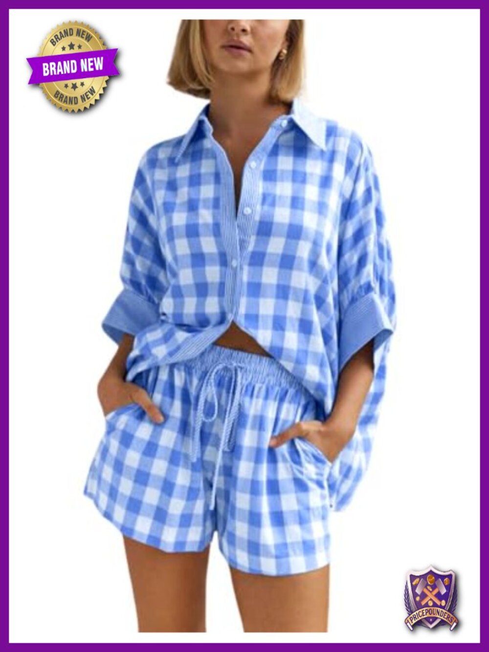 Women's Plaid 2 Piece Shorts Set Button Down Shirt Wide Leg Shorts